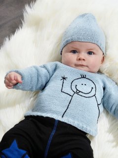 Strikket genser med strekfigur og lue