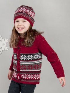 Mønstret strikket cardigan og slipover med lue