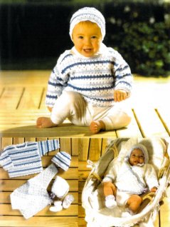 Genser, lue, omslagscardigan, lue og sokker