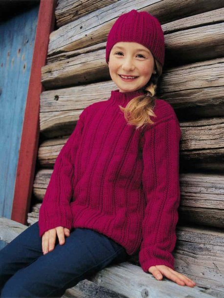 Ribbestrikket genser og lue til barn