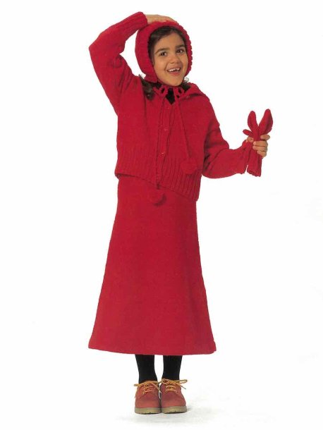 Cardigan, skjørt, lue og votter