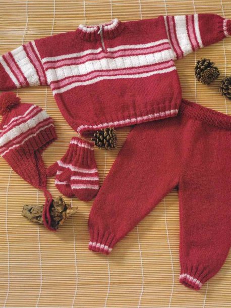 Rödrandig tröja, byxor, mössa och vantar