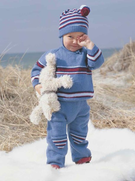Stripete raglangenser, cardigan, bukser, lue, votter og sokker - Strikkeoppskrifter og hekleoppskrifter - Marks & Kattens
