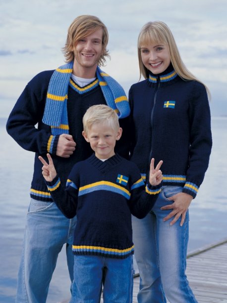 Herre- og barnegensere med V-hals, damecardigans og skjerf