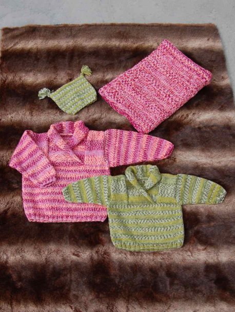 Genser med sjalhals, lue og teppe