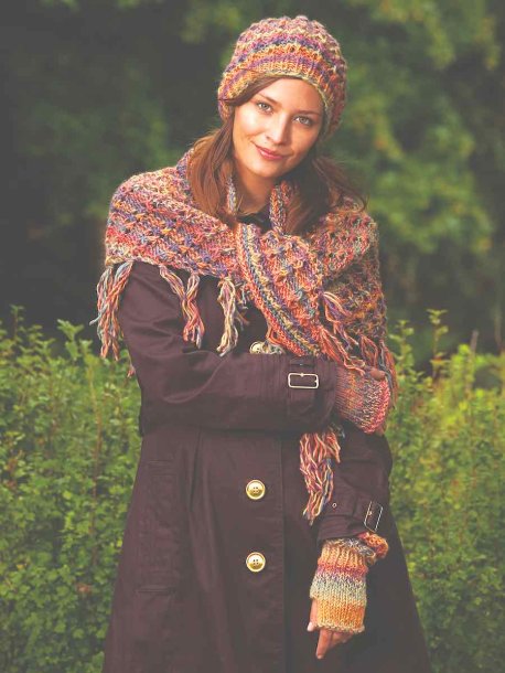 Mössa, pulsvärmare och sjal