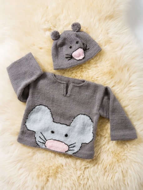 Genser og lue med musemotiv