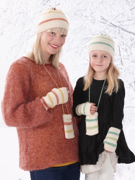 Lue, pulsvarmer og mobildeksel med mønster