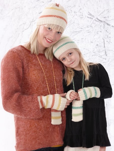 Lue, pulsvarmer og mobildeksel med mønster