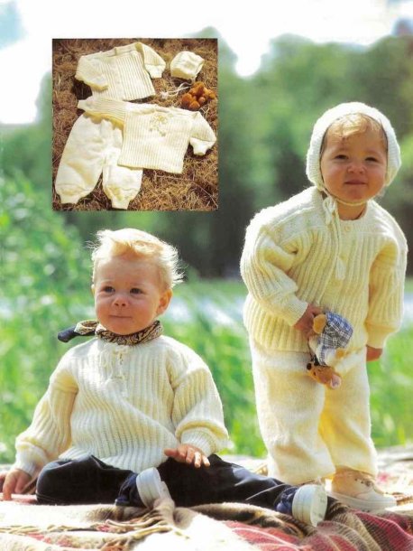 Genser, cardigan, bukser og lue